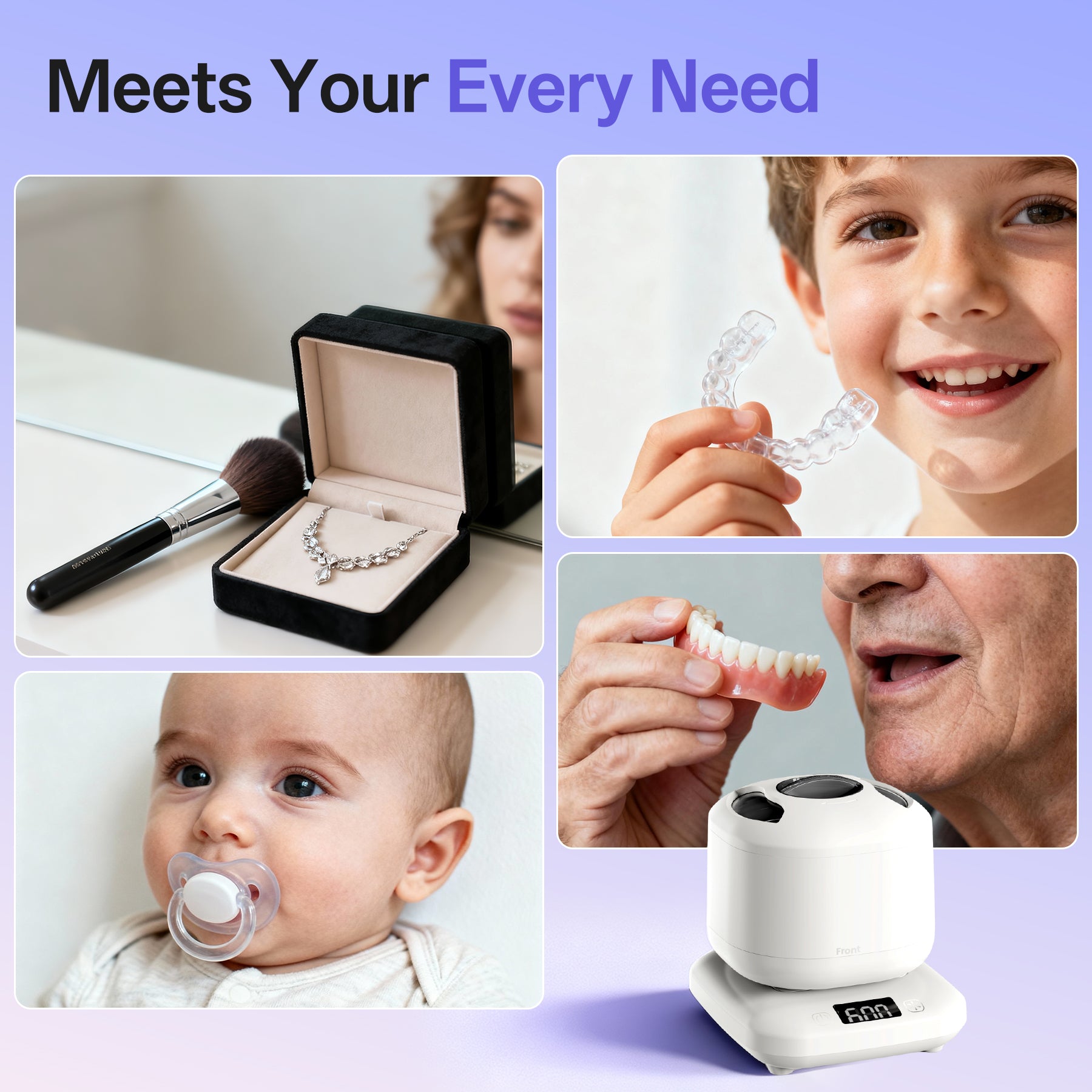 Ultrasonic Jewelry Cleaner , 45KHz Retainer Cleaner Ultrasonic Professional for Dentures, Ring, Earrings Sterling Silver Deep Cleaning with 4 Modes, Timer, Low Noise，White