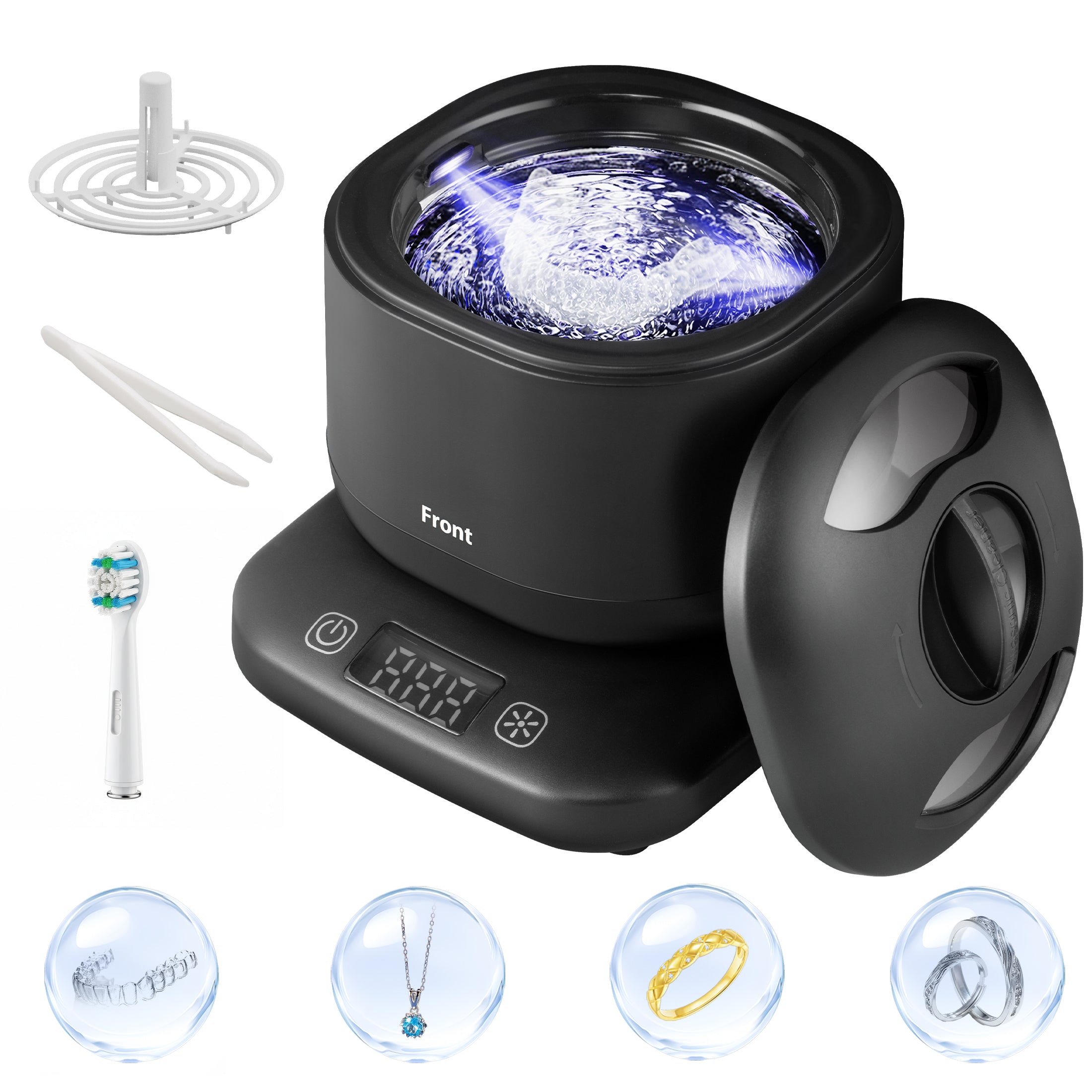 Ultrasonic Retainer Cleaner ,45Khz Denture Cleaner Ultrasonic Jewelry Machine for dental pod,Toothbrush , Ring ,Durable Removable Base and Top Cover , Low Noise, BLACK