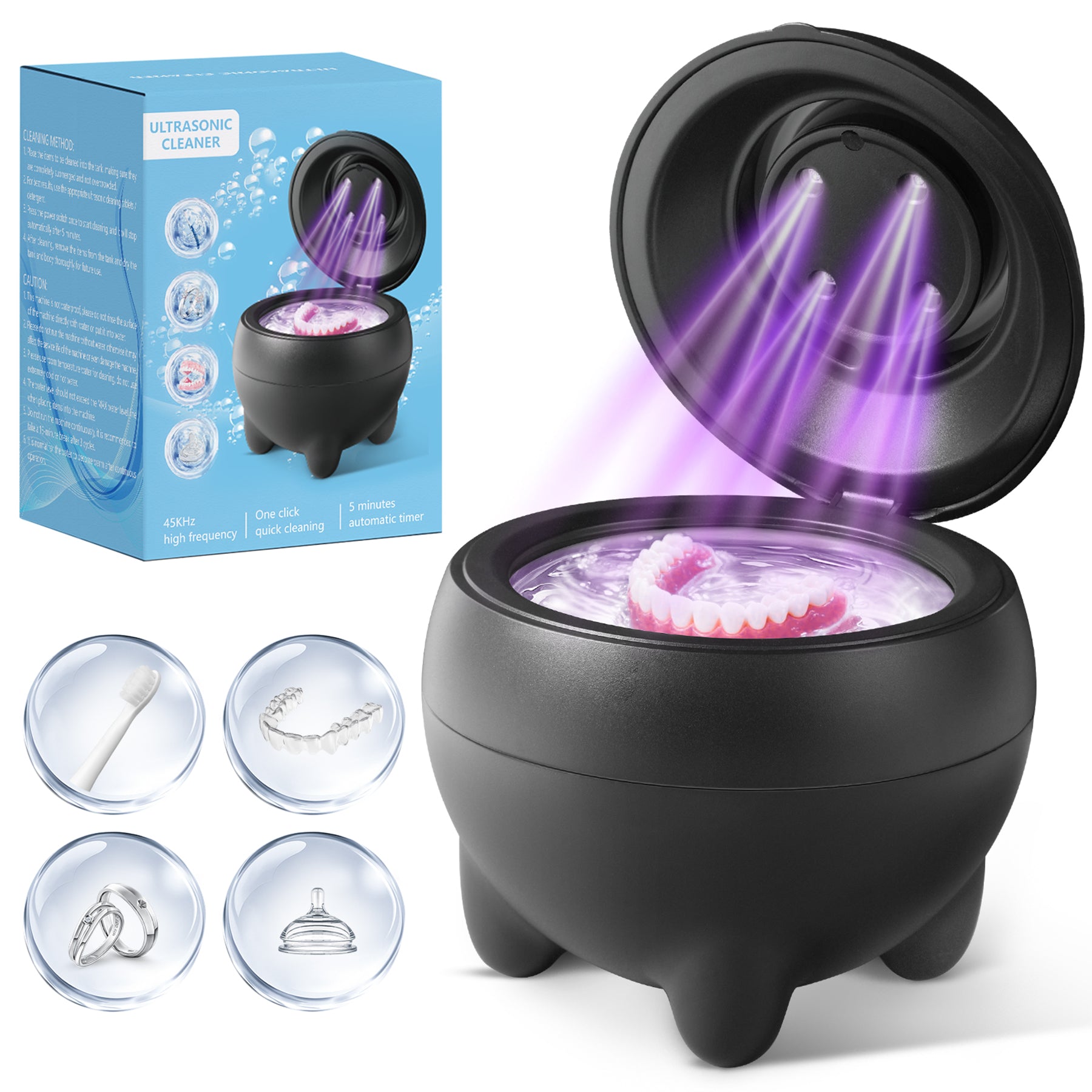 Ultrasonic Retainer Cleaner – 45kHz ultrasonic denture cleaner Dental Pod Denture & Jewelry Cleaning Machine, Ultra Sonic Ring Cleaner with Low Noise, Portable 180ml Sonic Cleaner (BLACK)