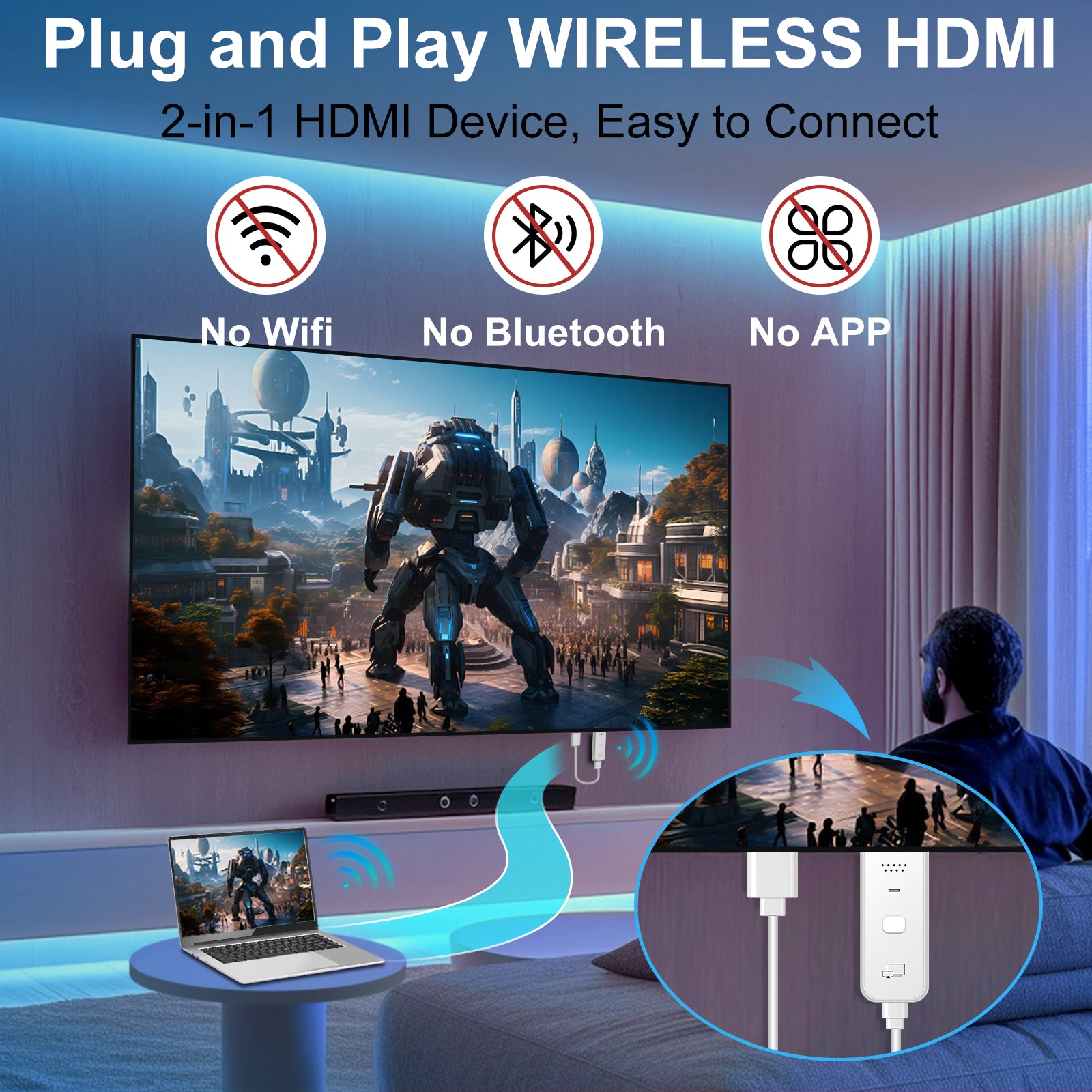 Wireless HDMI Transmitter and Receiver 2-in-1, Plug & Play Portable, 4K Decode 1080P Output, Video Streaming from Laptop, PC, Tablet , Smartphone to TV Projector Monitor