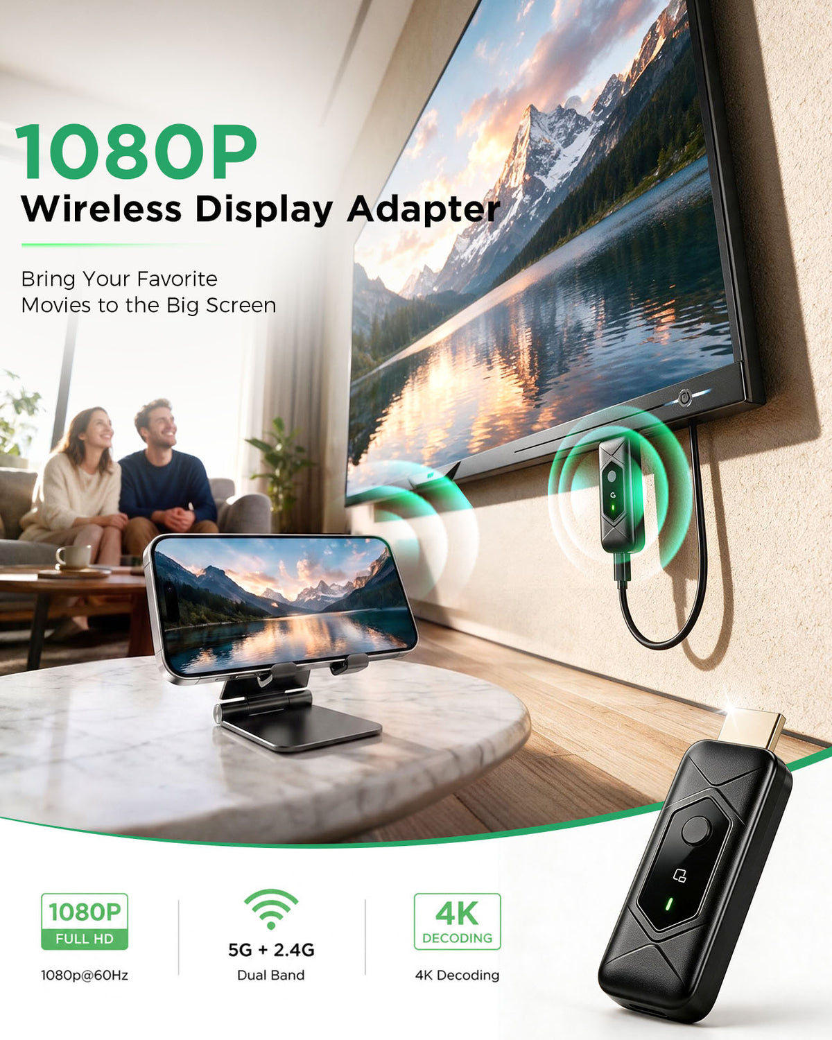 Wireless HDMI Transmitter and Receiver, Plug & Play Portable, 4K Decode 1080P Output, Video Streaming from Laptop, PC, Tablet , Smartphone to TV Projector Monitor
