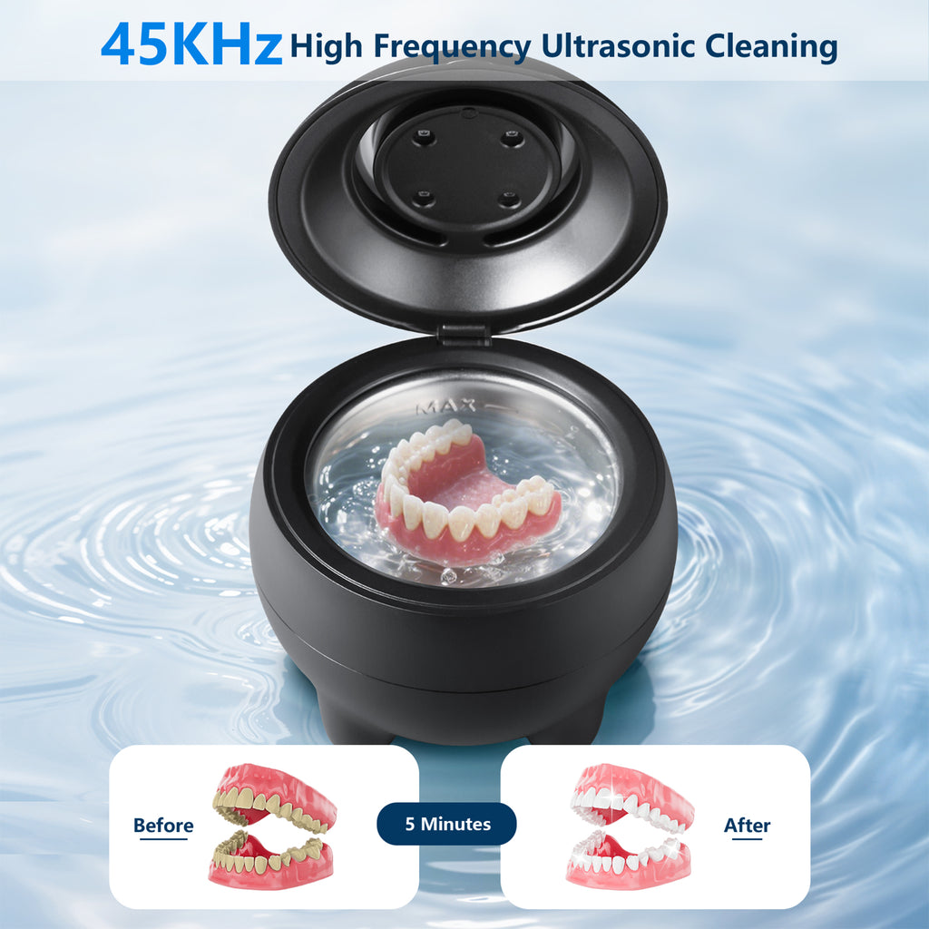 Ultrasonic Retainer Cleaner – 45kHz ultrasonic denture cleaner Dental Pod Denture & Jewelry Cleaning Machine, Ultra Sonic Ring Cleaner with Low Noise, Portable 180ml Sonic Cleaner (BLACK)