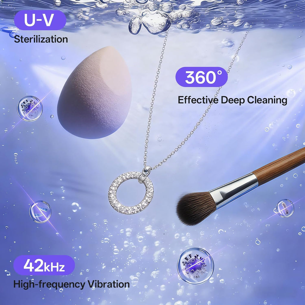 Ultrasonic Jewelry Cleaner with Detachable Tank – 42kHz Deep Cleaning for Rings, Necklaces, Makeup Brushes, UV Light, 4 Modes, Quiet Operation, IPX7 Waterproof – Also Ideal for Retainers & Dentures