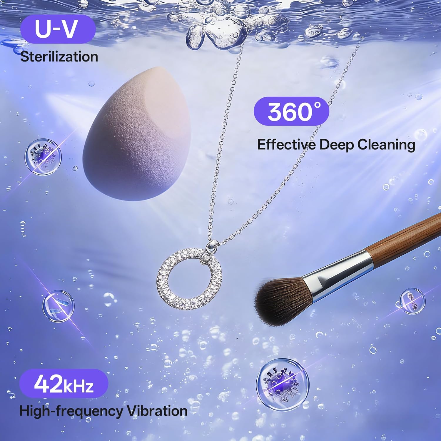 Ultrasonic Jewelry Cleaner with Detachable Tank – 42kHz Deep Cleaning for Rings, Necklaces, Makeup Brushes, UV Light, 4 Modes, Quiet Operation, IPX7 Waterproof – Also Ideal for Retainers & Dentures
