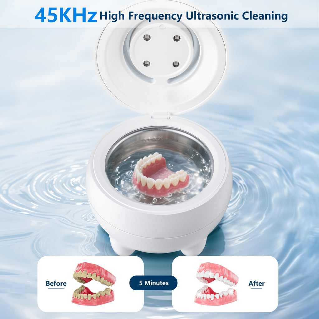 Ultrasonic Retainer Cleaner, 45kHz Dental Cleaning Machine for Dentures, Aligners, Mouth Guards, Braces, Toothbrush Heads, Jewelry Cleaner, 4 Modes, Low Noise (White)
