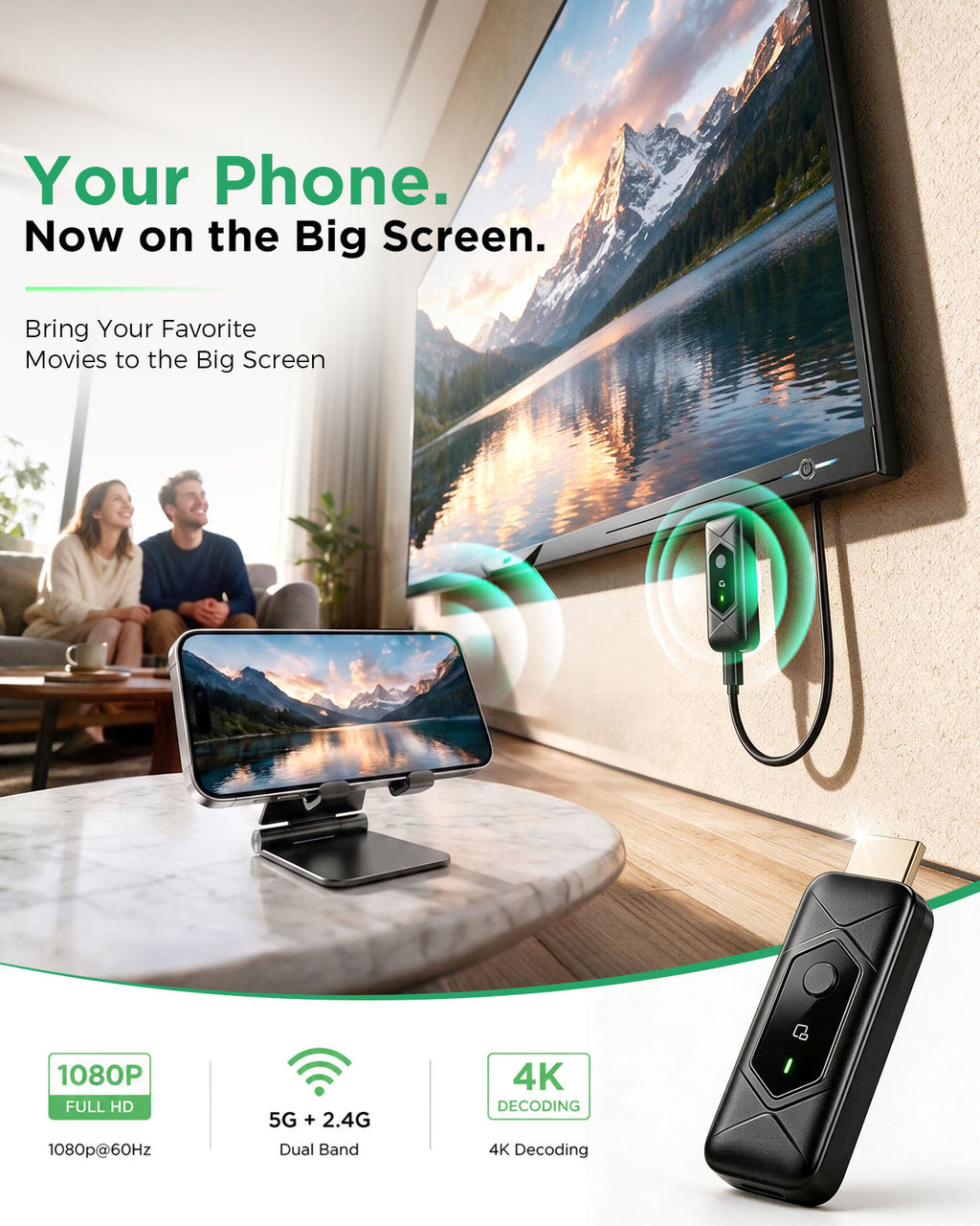 Wireless HDMI Transmitter and Receiver, Plug & Play Portable, 4K Decode 1080P Output, Video Streaming from Laptop, PC, Tablet , Smartphone to TV Projector Monitor
