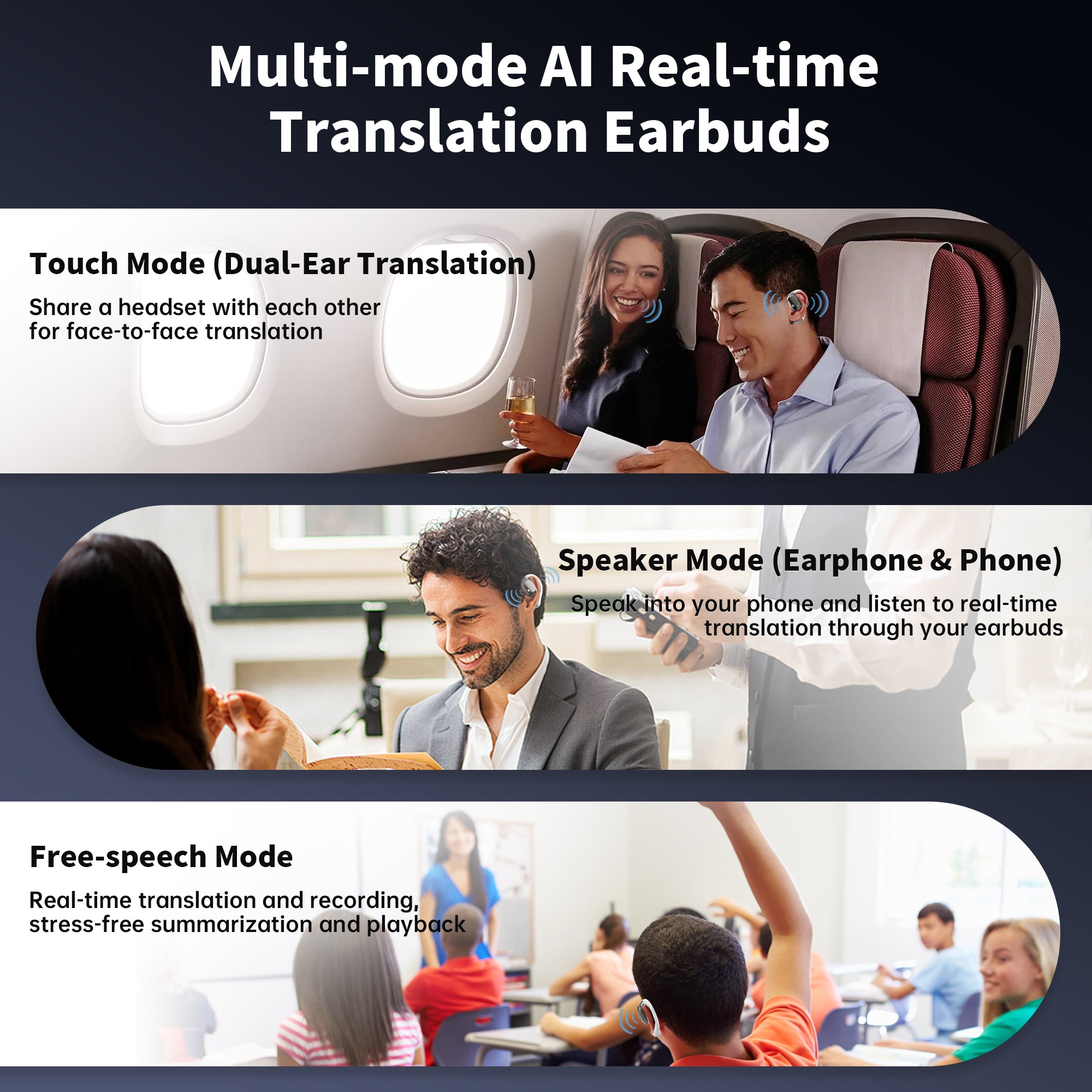 AI Translation Earbuds Real Time, Wireless Bluetooth Headphones, 144 Languages Two-Way Translator, iOS & Android Compatible, for Travel, Business, Learning,sports