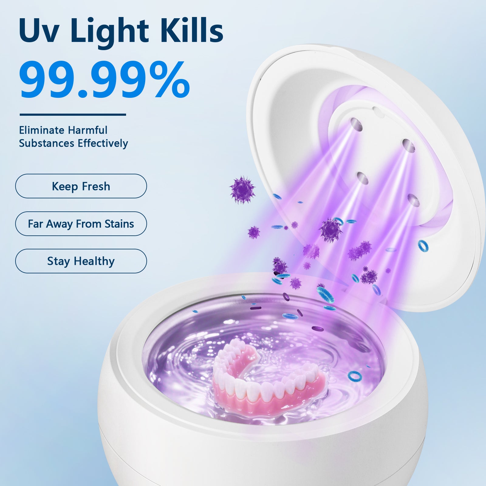 Ultrasonic Retainer Cleaner, 45kHz Dental Cleaning Machine for Dentures, Aligners, Mouth Guards, Braces, Toothbrush Heads, Jewelry Cleaner, 4 Modes, Low Noise (White)