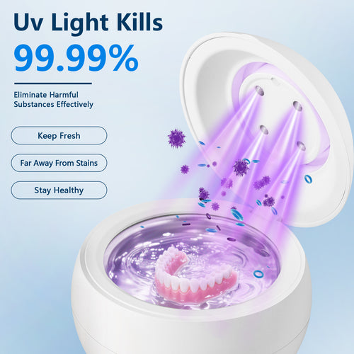 Ultrasonic Retainer Cleaner, 45kHz Dental Cleaning Machine for Dentures, Aligners, Mouth Guards, Braces, Toothbrush Heads, Jewelry Cleaner, 4 Modes, Low Noise (White)