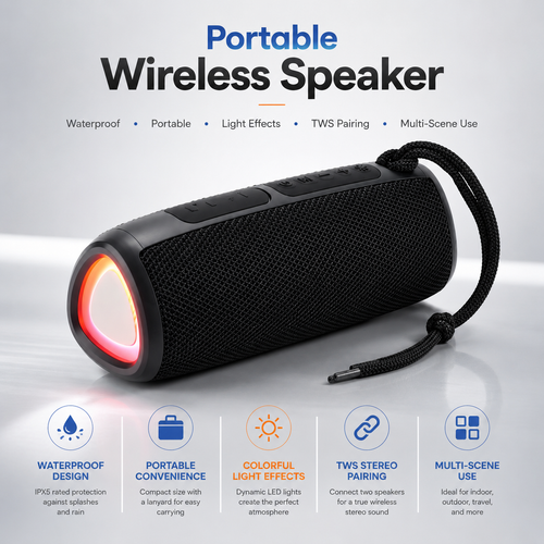 Bluetooth Speaker, Portable Bluetooth Speaker with Lights & Loud Stereo Sound, Wireless Stereo Pairing, Deep Bass, Outdoor Speakers for Home/Party/Travel, Gifts