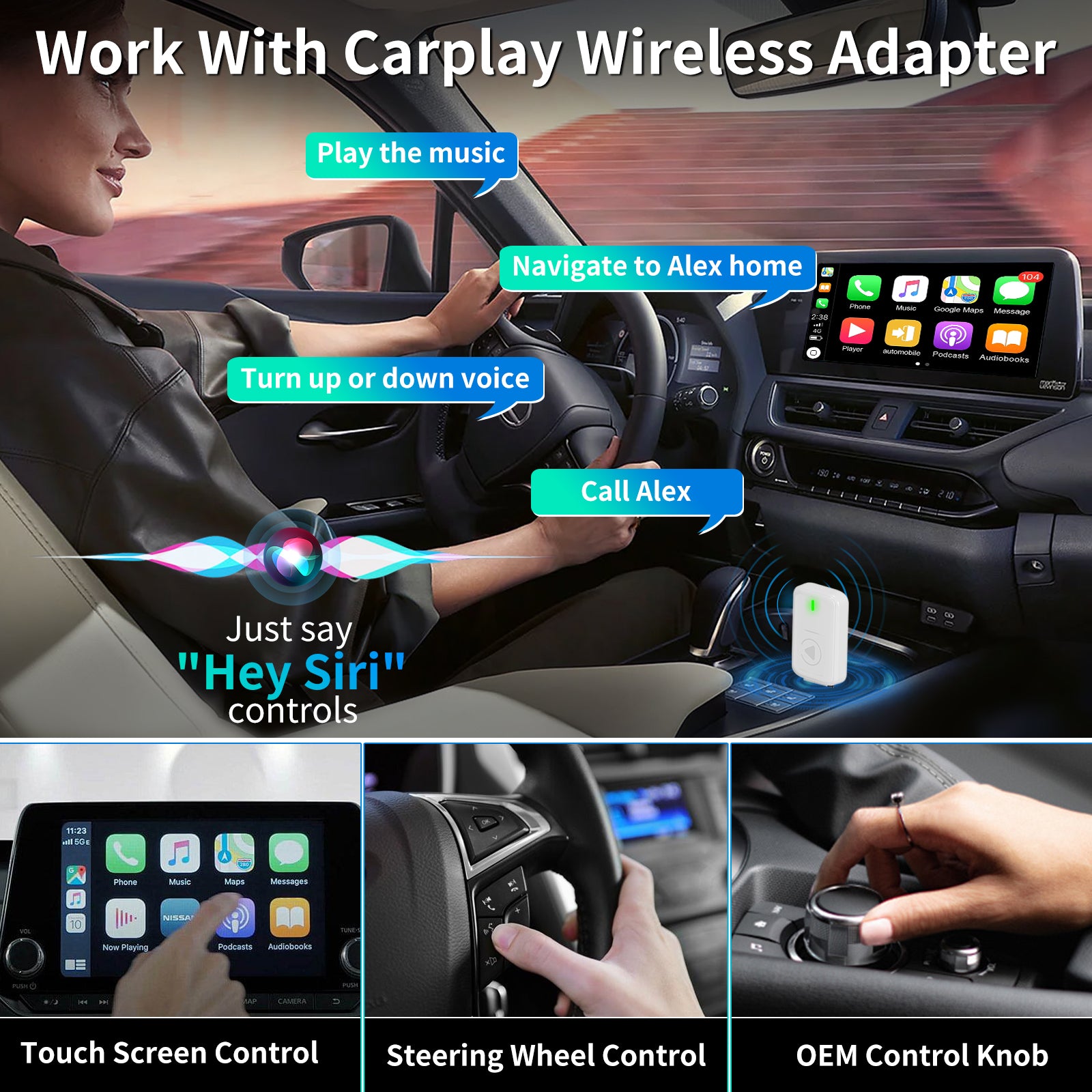 Wireless CarPlay Adapter, 2-in-1 Plug & Play , Android Auto, Converts Wired to Wireless, Auto Connect, No Latency for Apple iPhone iOS 10+ and Cars from 2015+