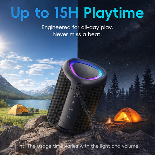 Portable Bluetooth Speaker, IPX5 Waterproof Bluetooth Speakers with Loud Stereo Sound, 15H Playtime & Colorful Lights, Small Wireless Speaker for Outdoor/Home/Party/Beach, Gift Ideas