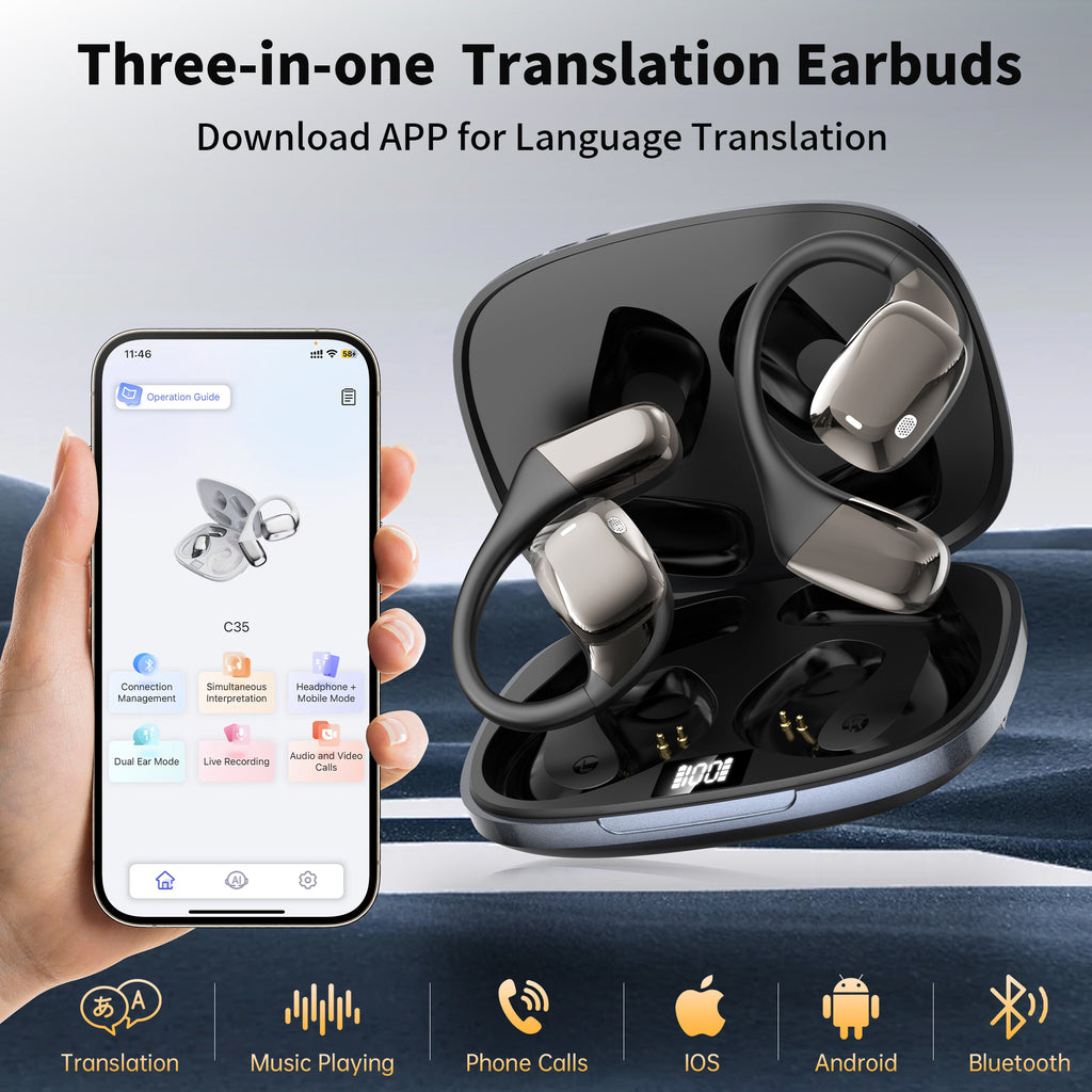 AI Language Translation Earbuds, 3-in-1 AI Translator Earbuds Real Time for 144 Languages, Wireless Bluetooth Headphones, Translator Device with APP fit IOS and Android for Travel, Business, Learning