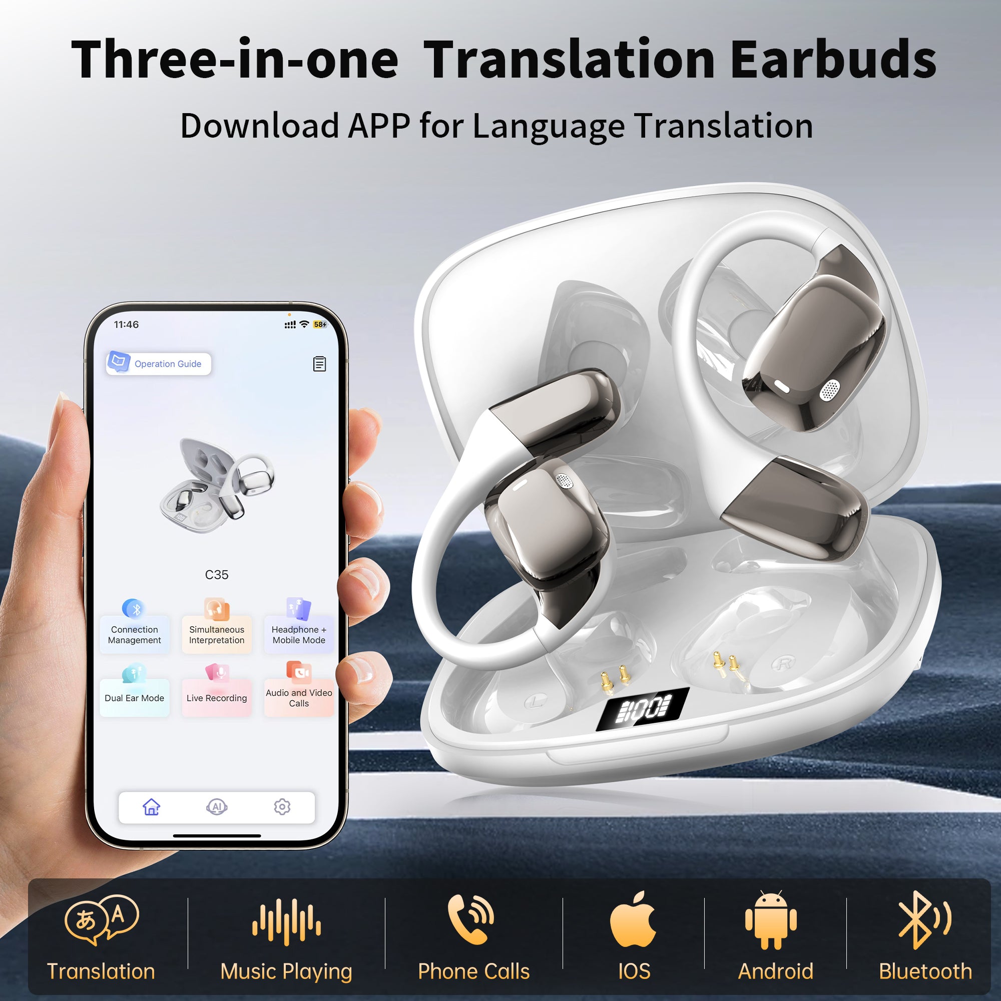 AI Translation Earbuds Real Time, Wireless Bluetooth Headphones, 144 Languages Two-Way Translator, iOS & Android Compatible, for Travel, Business, Learning,sports