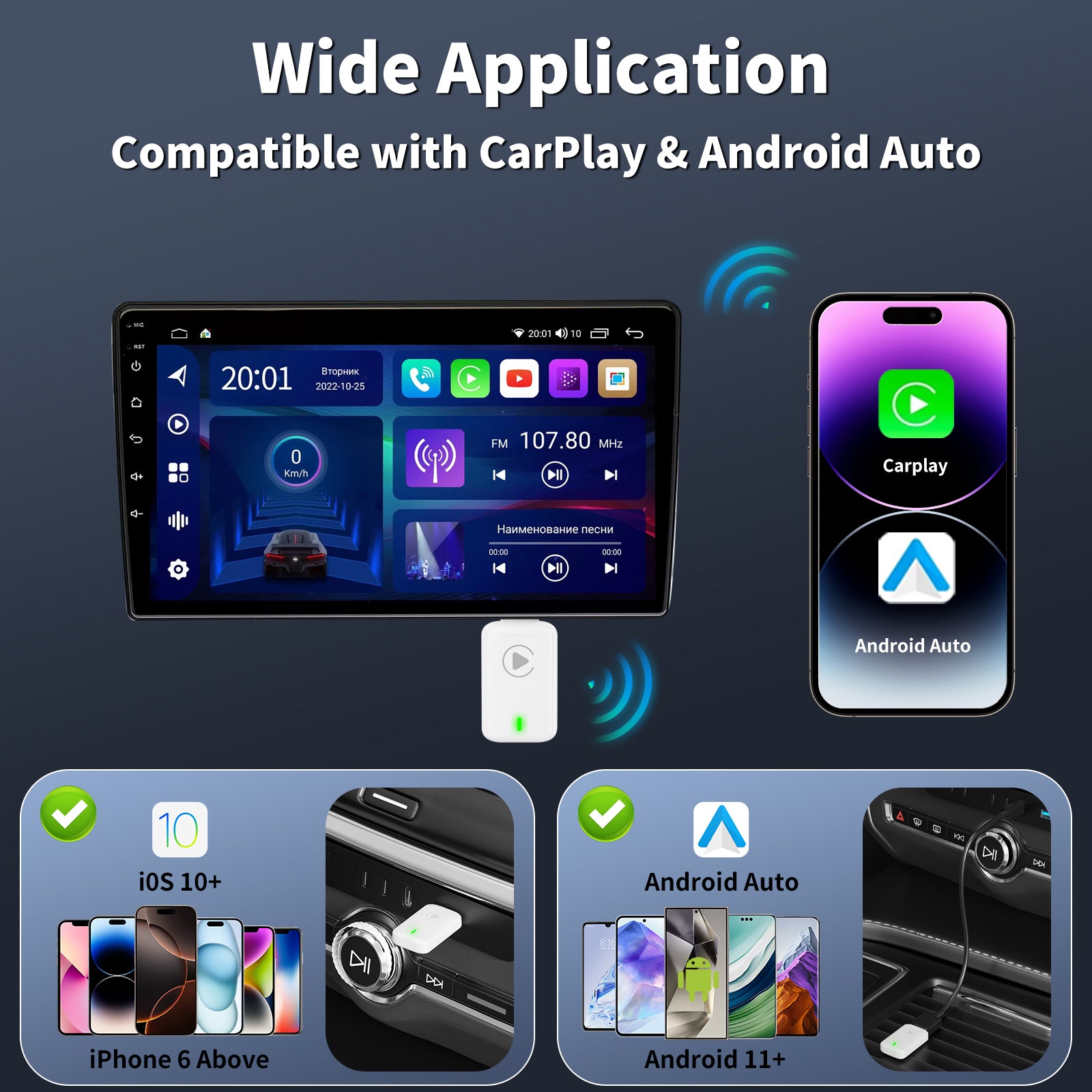 Wireless CarPlay Adapter, 2-in-1 Plug & Play , Android Auto, Converts Wired to Wireless, Auto Connect, No Latency for Apple iPhone iOS 10+ and Cars from 2015+