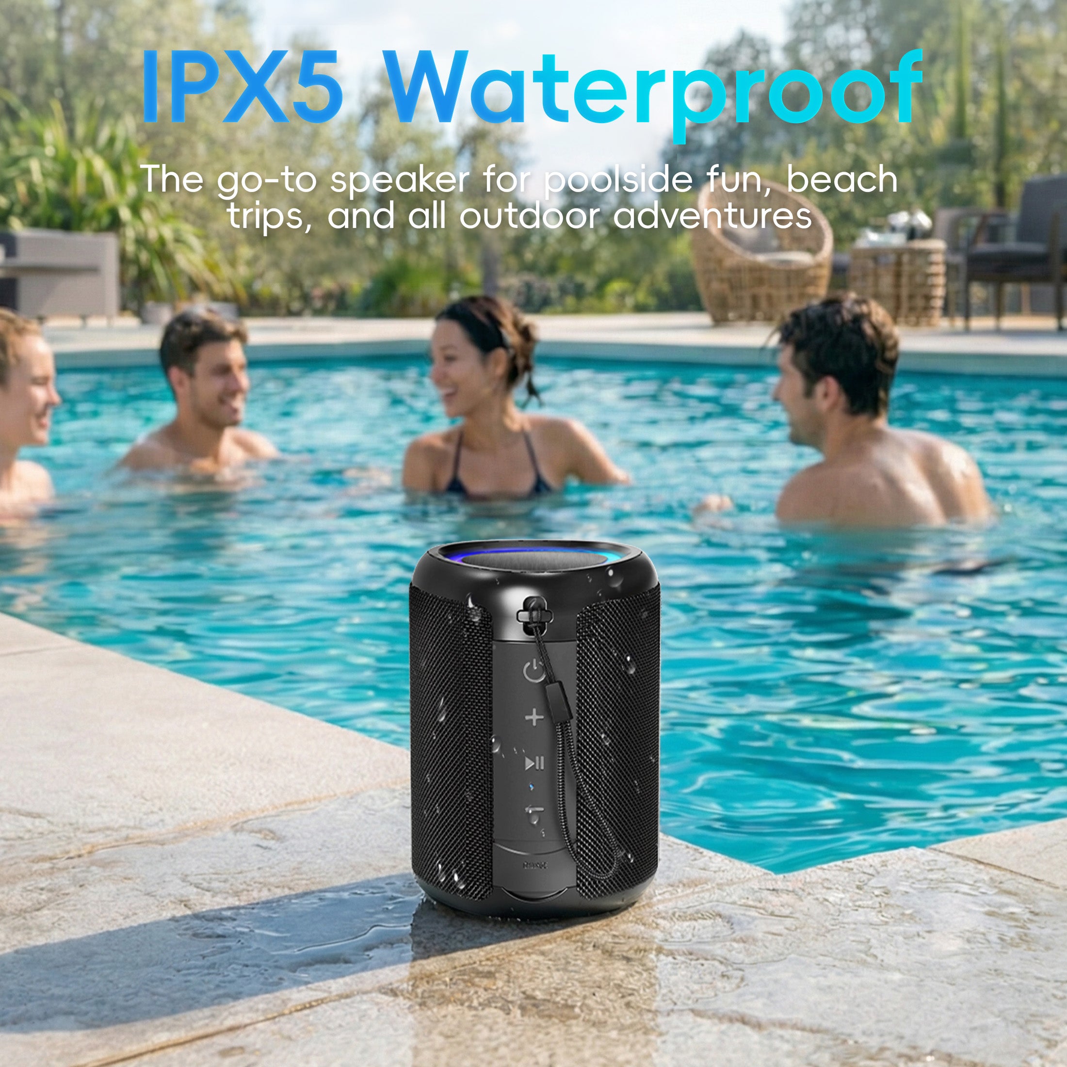 Portable Bluetooth Speaker, IPX5 Waterproof Bluetooth Speakers with Loud Stereo Sound, 15H Playtime & Colorful Lights, Small Wireless Speaker for Outdoor/Home/Party/Beach, Gift Ideas