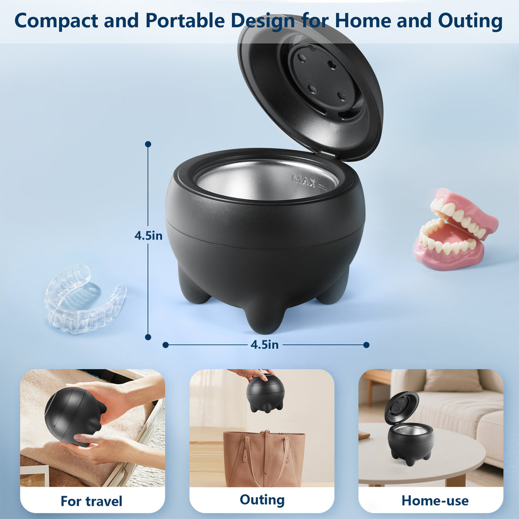 Ultrasonic Retainer Cleaner – 45kHz ultrasonic denture cleaner Dental Pod Denture & Jewelry Cleaning Machine, Ultra Sonic Ring Cleaner with Low Noise, Portable 180ml Sonic Cleaner (BLACK)