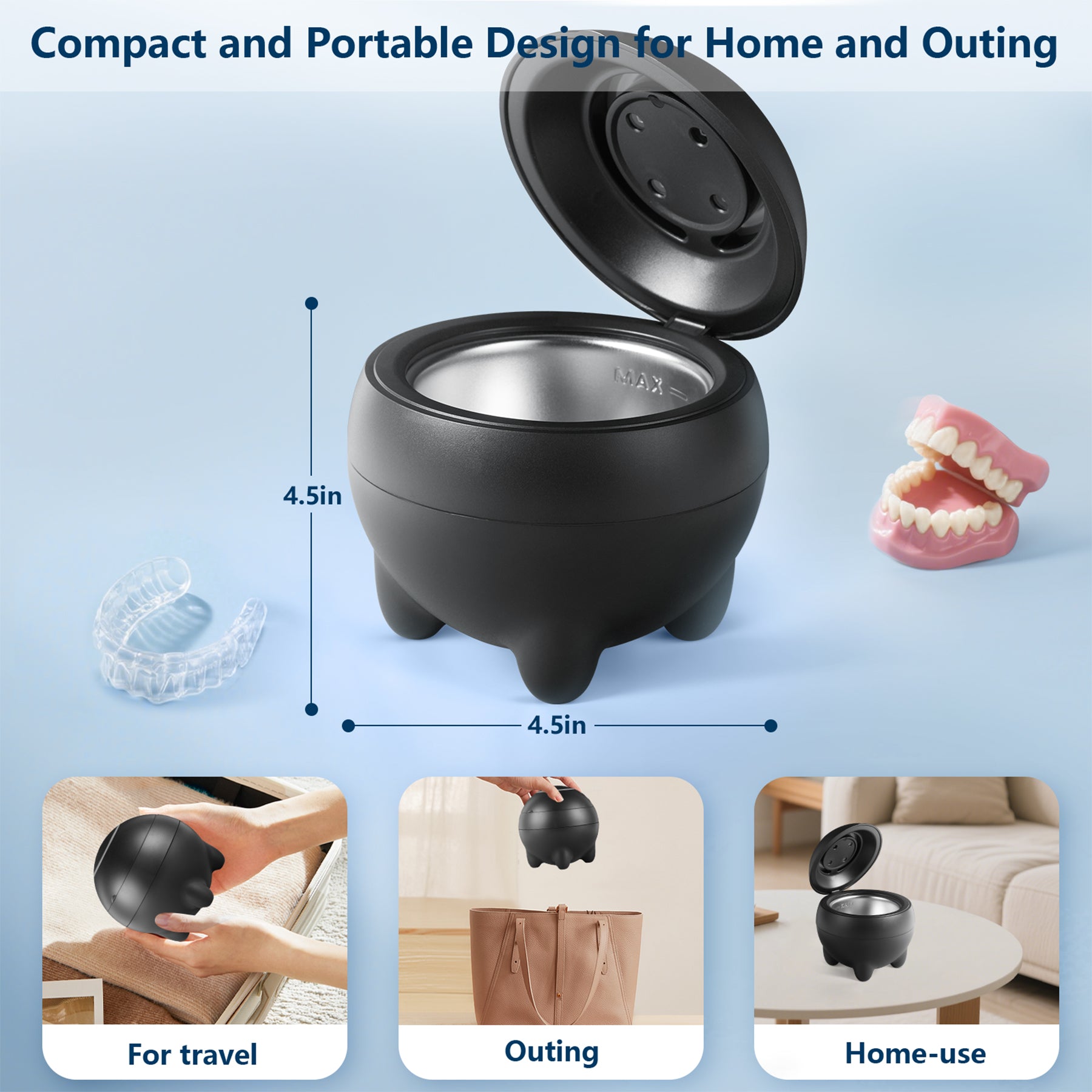 Ultrasonic Retainer Cleaner – 45kHz ultrasonic denture cleaner Dental Pod Denture & Jewelry Cleaning Machine, Ultra Sonic Ring Cleaner with Low Noise, Portable 180ml Sonic Cleaner (BLACK)