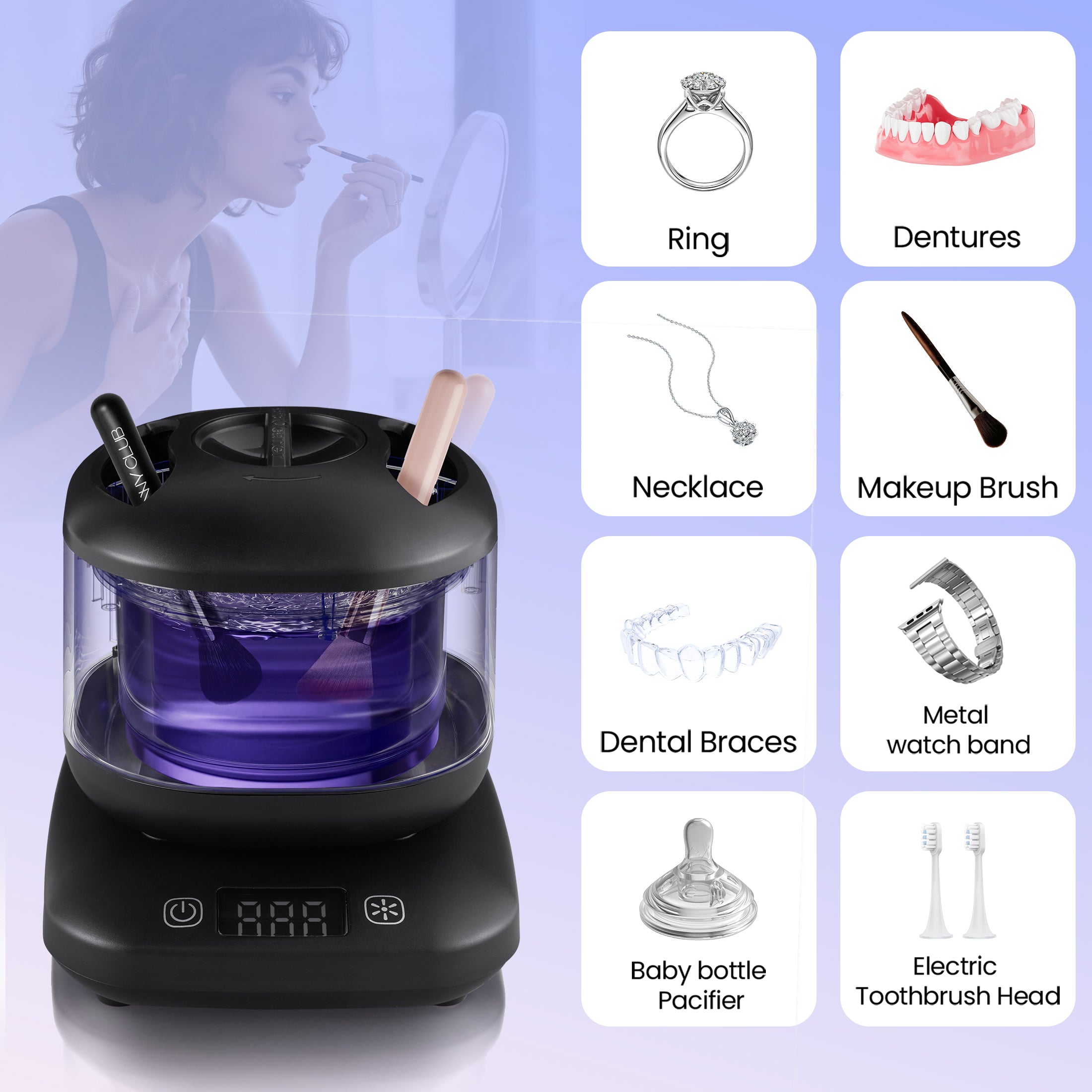 Ultrasonic Retainer Cleaner ,45Khz Denture Cleaner Ultrasonic Jewelry Machine for dental pod,Toothbrush , Ring ,Durable Removable Base and Top Cover , Low Noise, BLACK