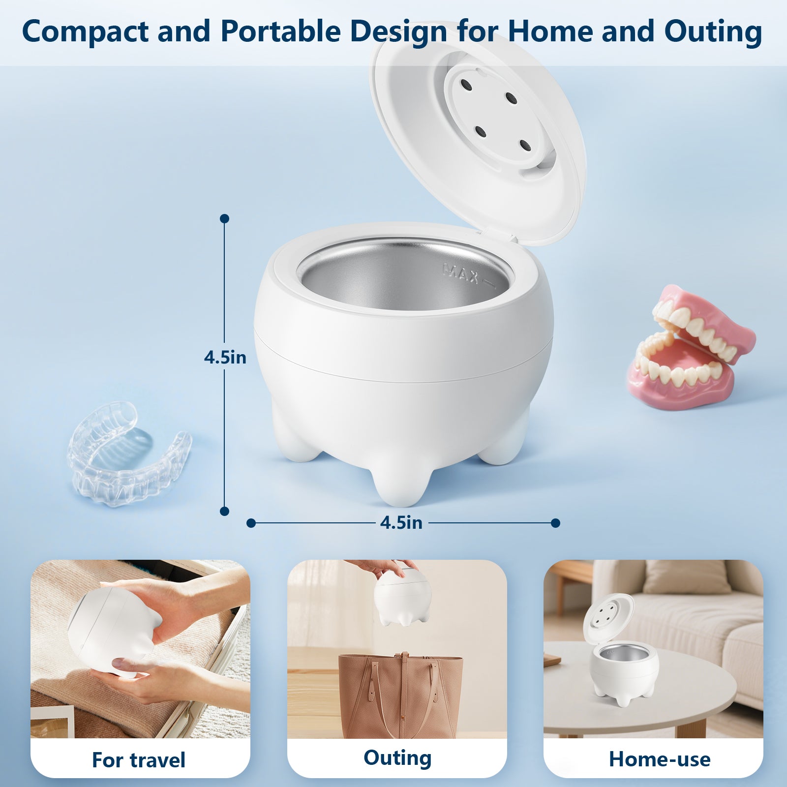 Ultrasonic Retainer Cleaner, 45kHz Dental Cleaning Machine for Dentures, Aligners, Mouth Guards, Braces, Toothbrush Heads, Jewelry Cleaner, 4 Modes, Low Noise (White)