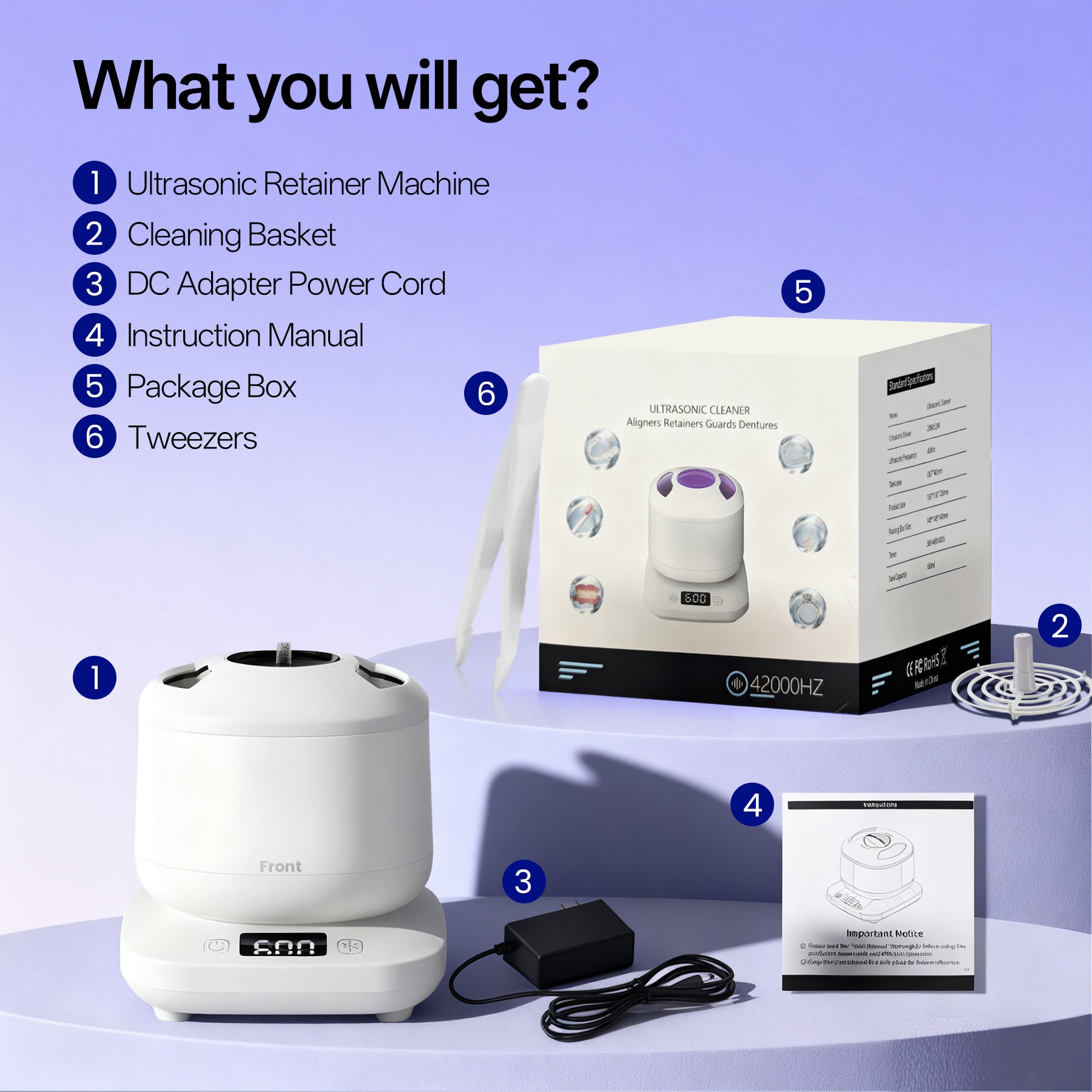 Ultrasonic Jewelry Cleaner , 45KHz Retainer Cleaner Ultrasonic Professional for Dentures, Ring, Earrings Sterling Silver Deep Cleaning with 4 Modes, Timer, Low Noise，White