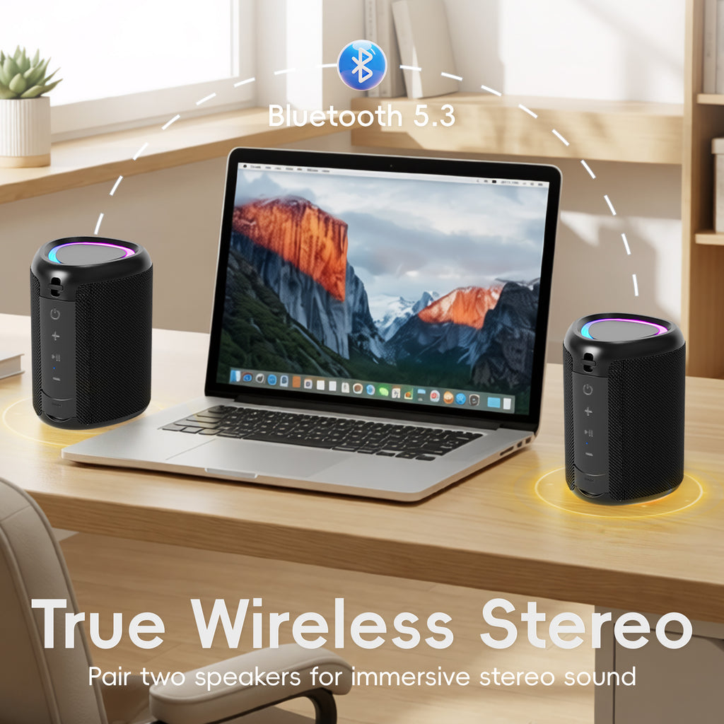 Portable Bluetooth Speaker, IPX5 Waterproof Bluetooth Speakers with Loud Stereo Sound, 15H Playtime & Colorful Lights, Small Wireless Speaker for Outdoor/Home/Party/Beach, Gift Ideas