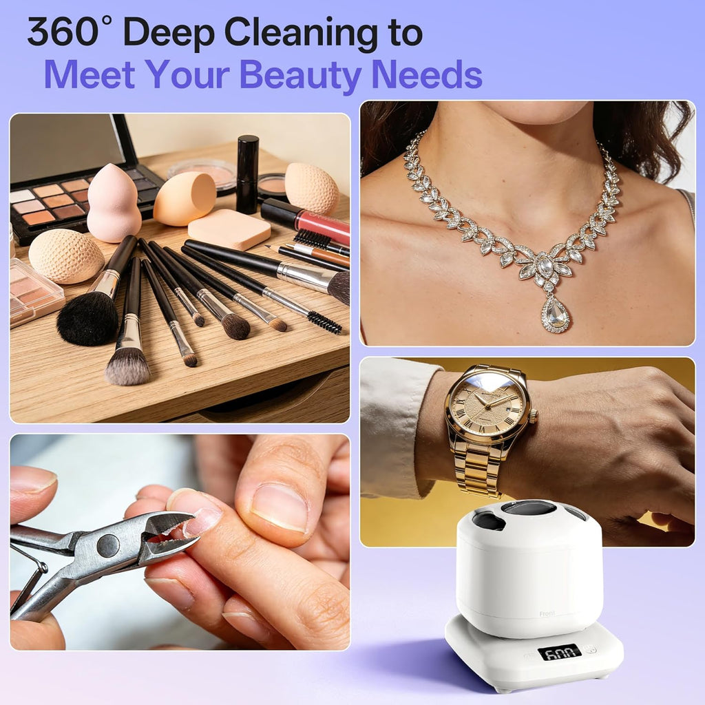 Ultrasonic Jewelry Cleaner with Detachable Tank – 42kHz Deep Cleaning for Rings, Necklaces, Makeup Brushes, UV Light, 4 Modes, Quiet Operation, IPX7 Waterproof – Also Ideal for Retainers & Dentures