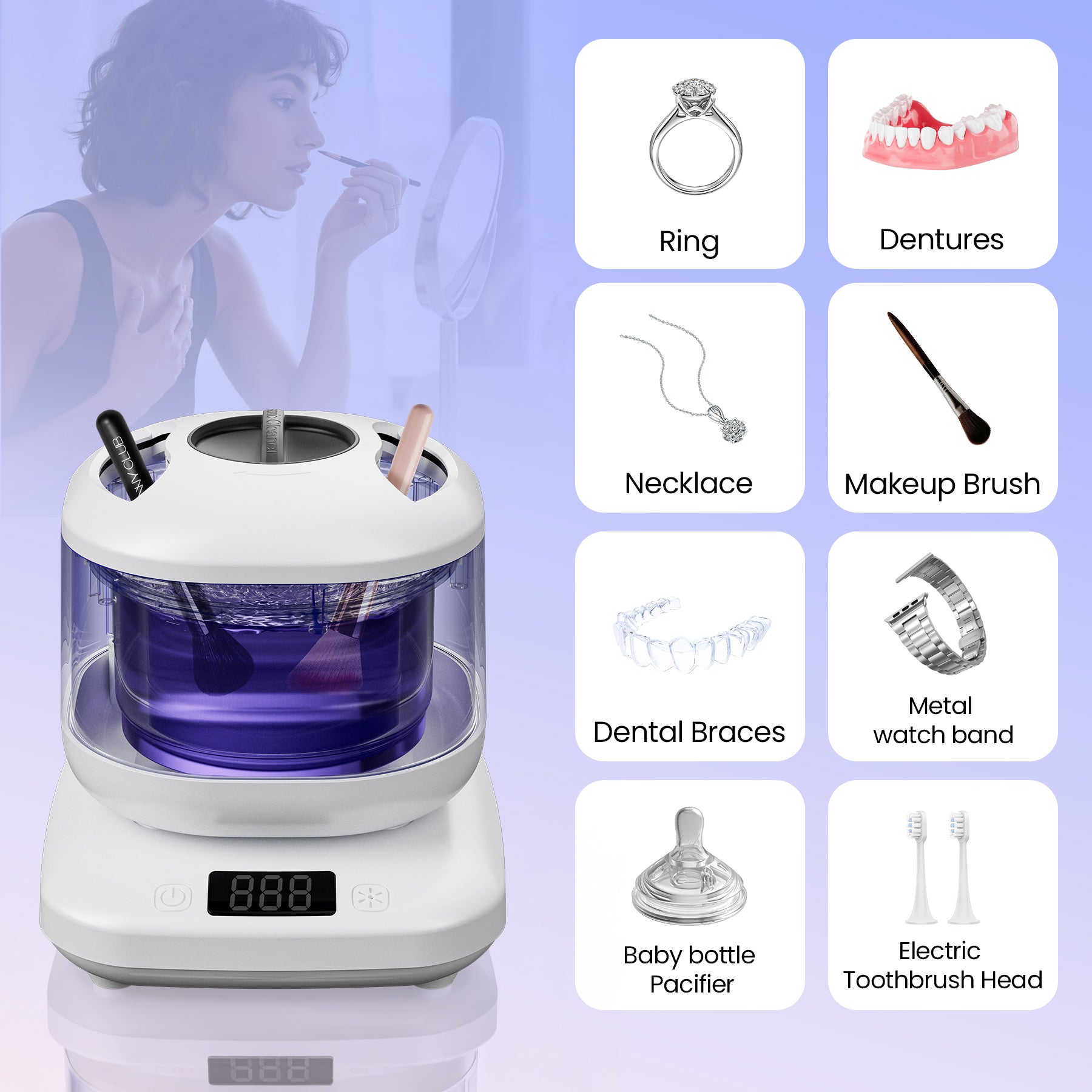 Ultrasonic Jewelry Cleaner , 45KHz Retainer Cleaner Ultrasonic Professional for Dentures, Ring, Earrings Sterling Silver Deep Cleaning with 4 Modes, Timer, Low Noise，White