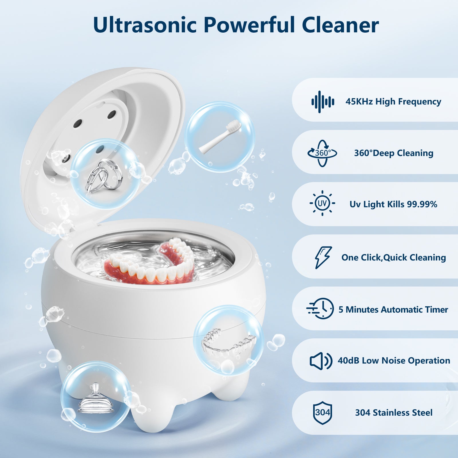 Ultrasonic Retainer Cleaner, 45kHz Dental Cleaning Machine for Dentures, Aligners, Mouth Guards, Braces, Toothbrush Heads, Jewelry Cleaner, 4 Modes, Low Noise (White)