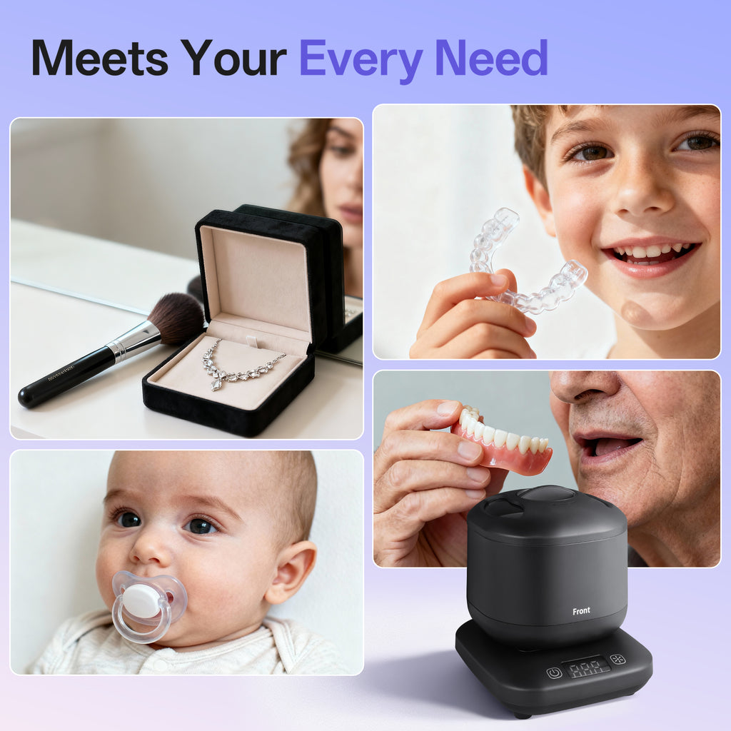 Ultrasonic Retainer Cleaner ,45Khz Denture Cleaner Ultrasonic Jewelry Machine for dental pod,Toothbrush , Ring ,Durable Removable Base and Top Cover , Low Noise, BLACK