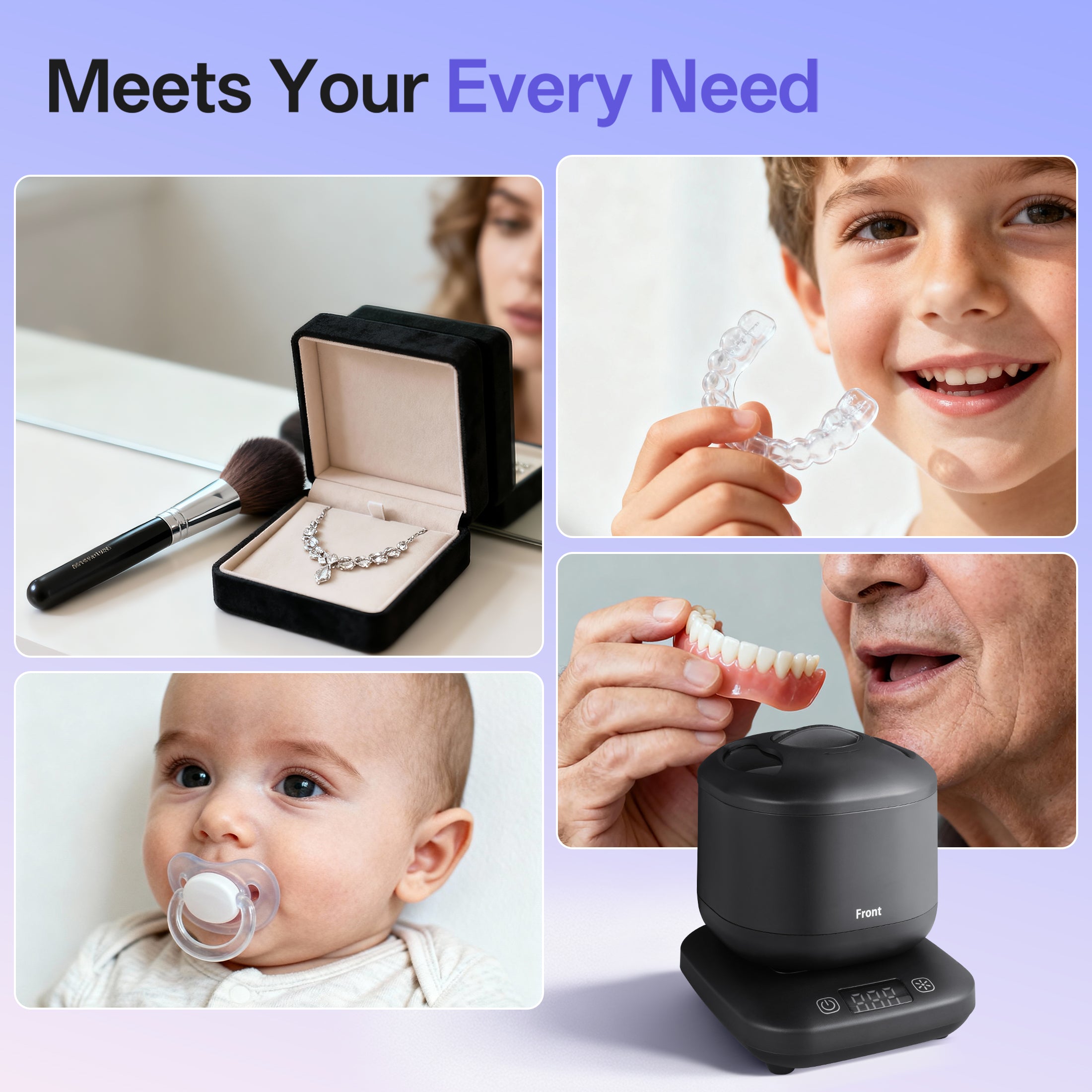 Ultrasonic Retainer Cleaner ,45Khz Denture Cleaner Ultrasonic Jewelry Machine for dental pod,Toothbrush , Ring ,Durable Removable Base and Top Cover , Low Noise, BLACK