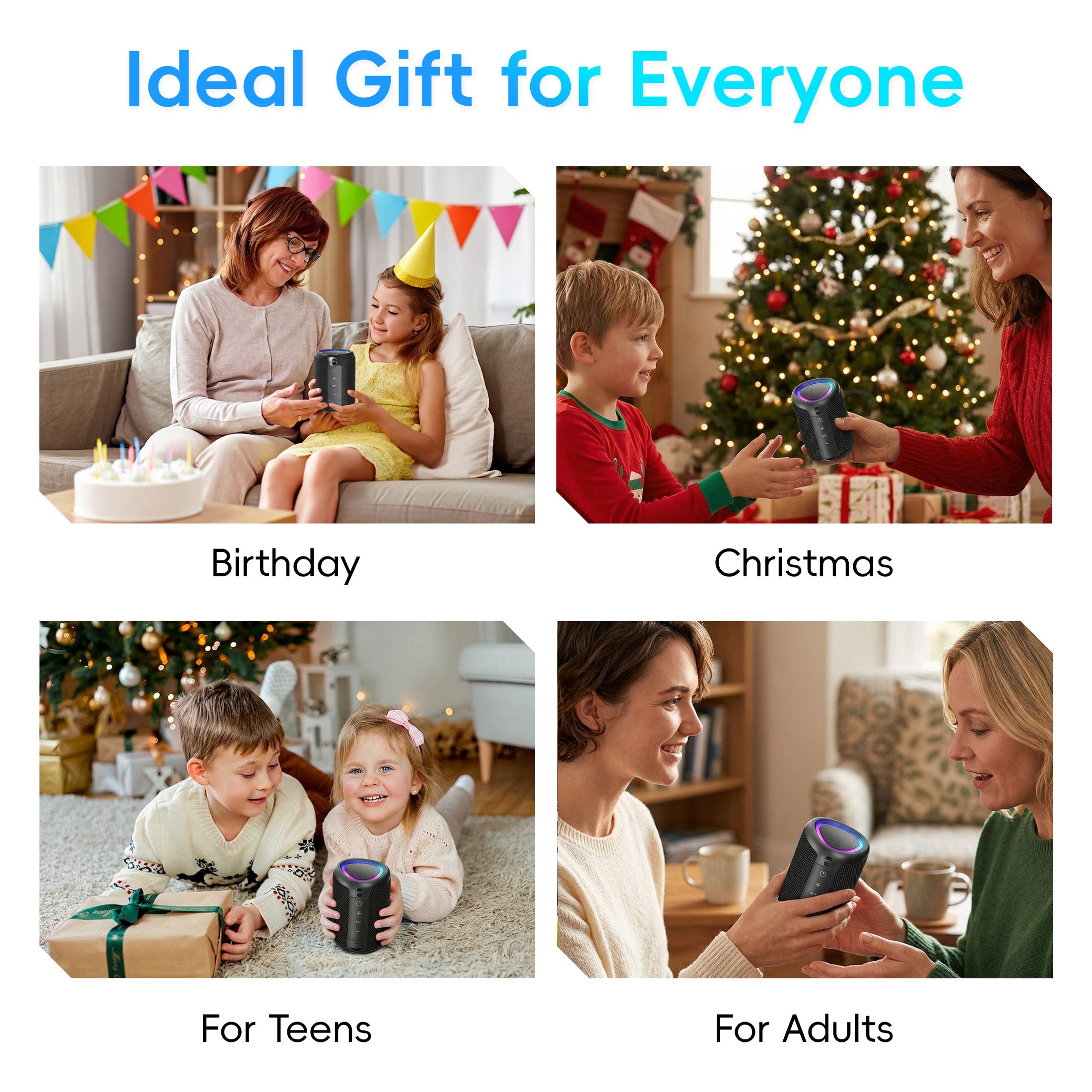 Portable Bluetooth Speaker, IPX5 Waterproof Bluetooth Speakers with Loud Stereo Sound, 15H Playtime & Colorful Lights, Small Wireless Speaker for Outdoor/Home/Party/Beach, Gift Ideas