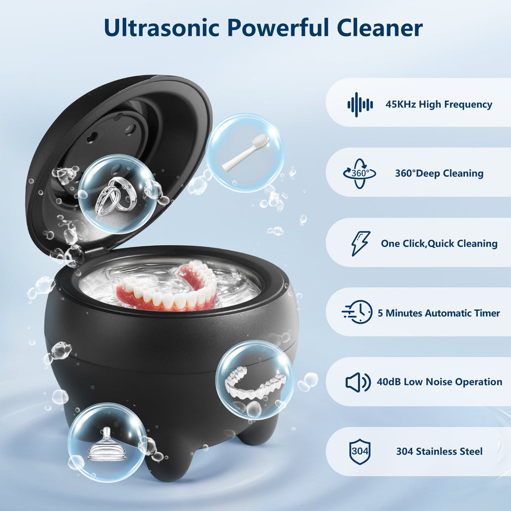 Ultrasonic Retainer Cleaner – 45kHz ultrasonic denture cleaner Dental Pod Denture & Jewelry Cleaning Machine, Ultra Sonic Ring Cleaner with Low Noise, Portable 180ml Sonic Cleaner (BLACK)