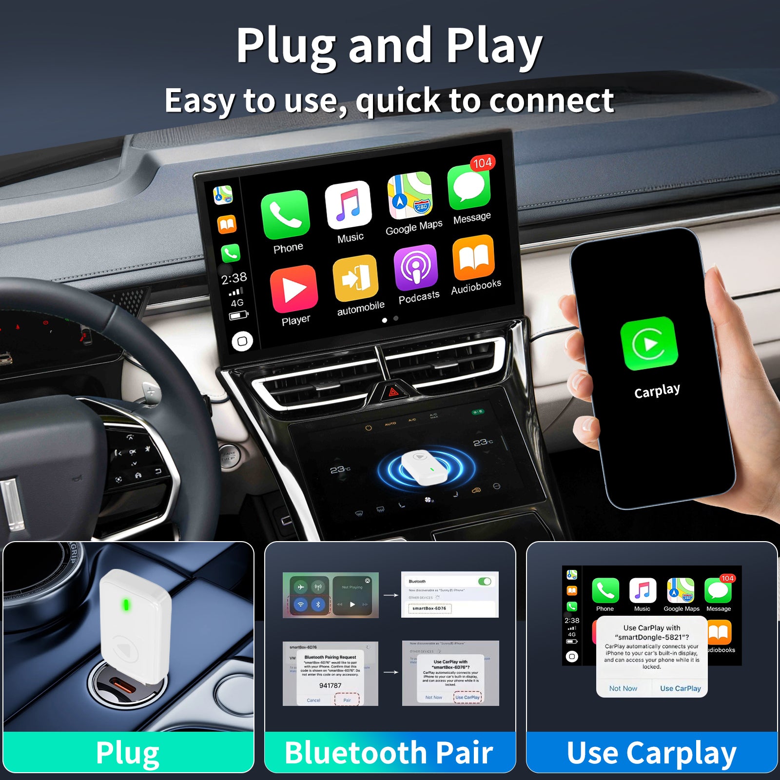 Wireless CarPlay Adapter, 2-in-1 Plug & Play , Android Auto, Converts Wired to Wireless, Auto Connect, No Latency for Apple iPhone iOS 10+ and Cars from 2015+