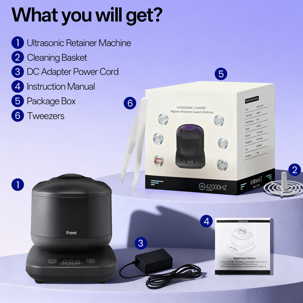 Ultrasonic Retainer Cleaner ,45Khz Denture Cleaner Ultrasonic Jewelry Machine for dental pod,Toothbrush , Ring ,Durable Removable Base and Top Cover , Low Noise, BLACK