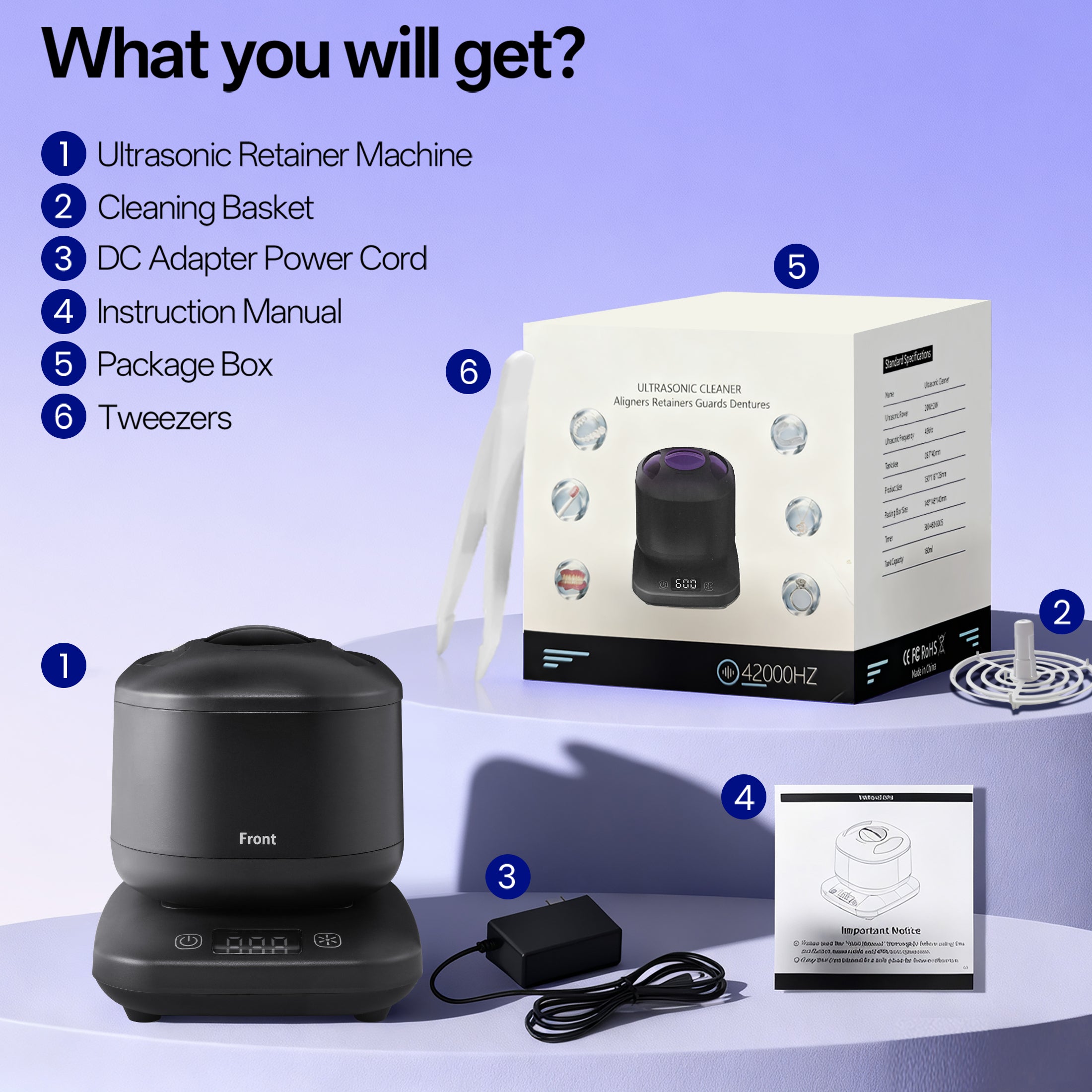 Ultrasonic Retainer Cleaner ,45Khz Denture Cleaner Ultrasonic Jewelry Machine for dental pod,Toothbrush , Ring ,Durable Removable Base and Top Cover , Low Noise, BLACK