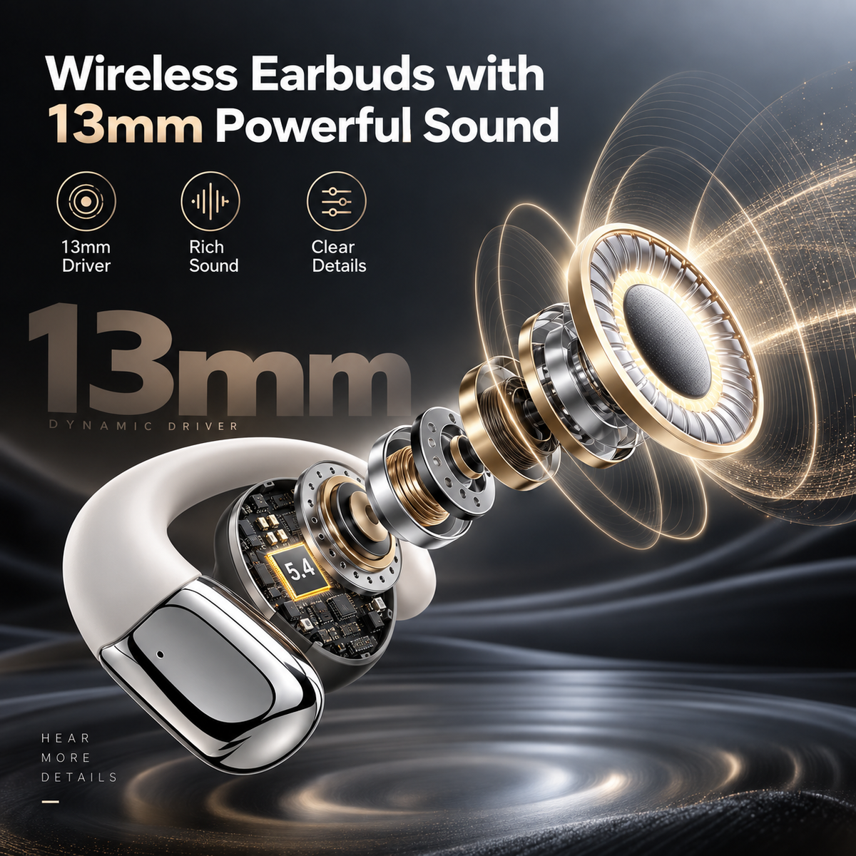 Open Ear Wireless Earbuds, Bluetooth Sports Ear Hook Headphones with 13mm Sound, Clear Calls, Music, IPX5 Waterproof, 50H Battery for Running, Workout, Commuting, Travel & Translation