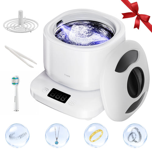 Ultrasonic Jewelry Cleaner , 45KHz Retainer Cleaner Ultrasonic Professional for Dentures, Ring, Earrings Sterling Silver Deep Cleaning with 4 Modes, Timer, Low Noise，White